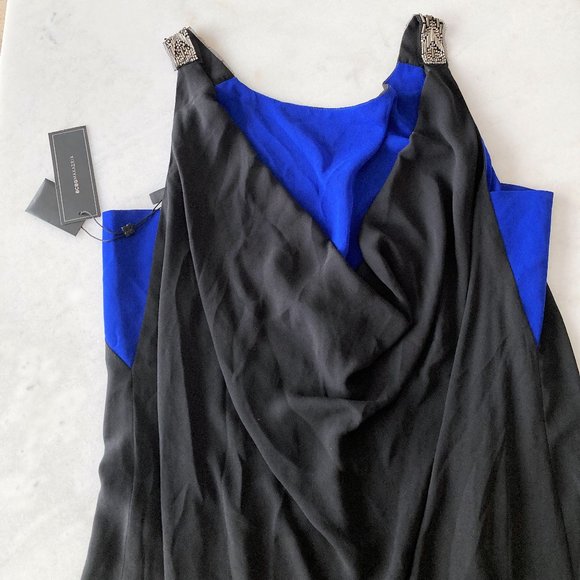 NWT BCBGMaxAzria Essex dress, black & blue, beaded straps, draped back, relaxed - Picture 6 of 7